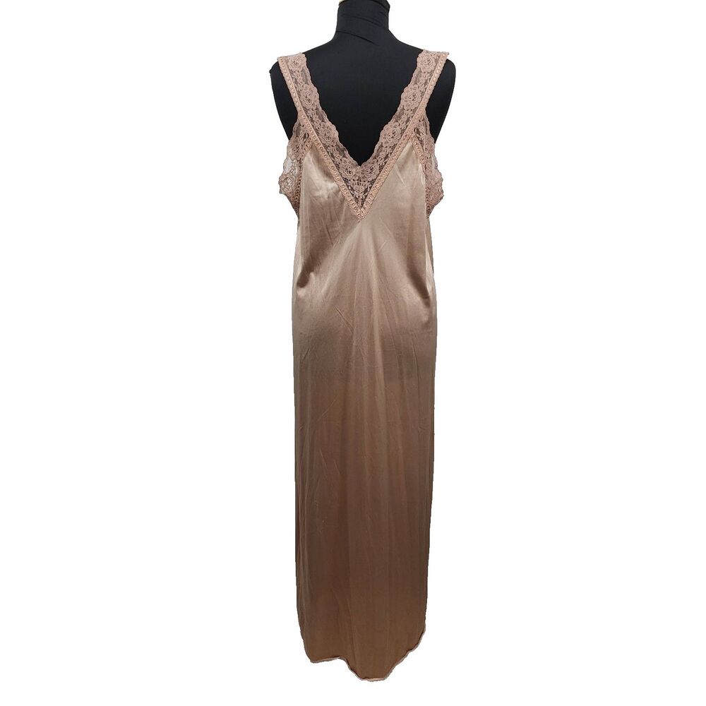Vtg Flair Nightgown Maxi Slip Deep Double V Cut Lace Silky Nylon USA Sz L